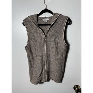 Christopher & Banks Women's L Tan Knit Hooded Full Zip Sweater Vest Ramie Cotton